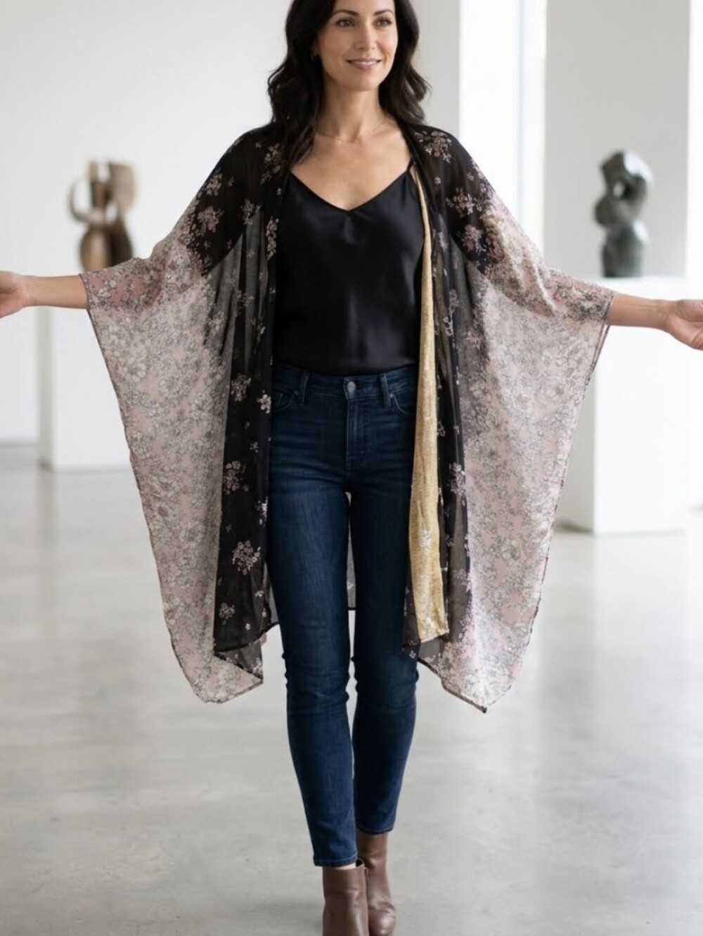 Maurices Sheer Floral Kimono in Black and Blush